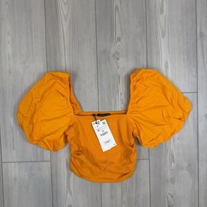Zara Orange Puff Sleeve Crop Top Women's M NWT Square Neck Bold Statement Piece